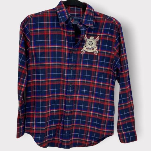 Ralph Lauren Polo Sport Flannel Shirt Size 2 Blue Red Embellished Crest Logo - Picture 1 of 6